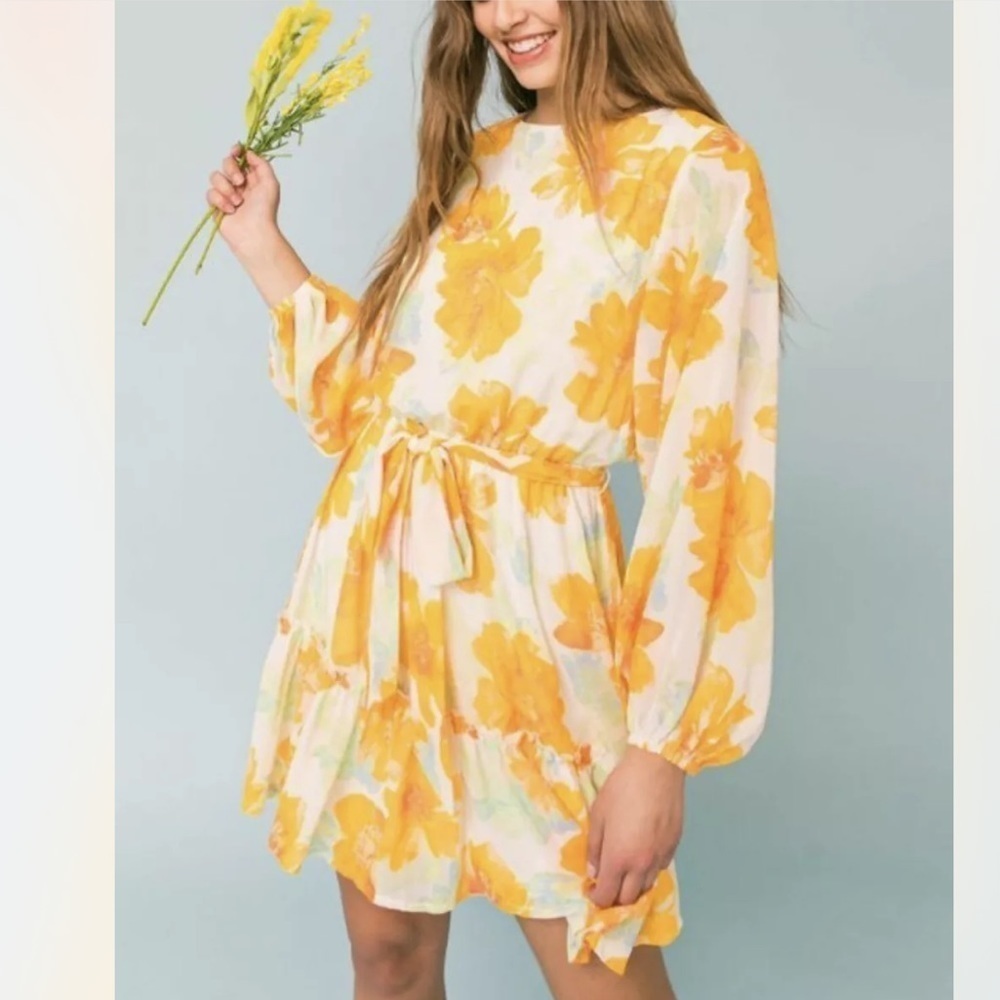 NEW flying tomato floral print mini dress long sleeve yellow white size s